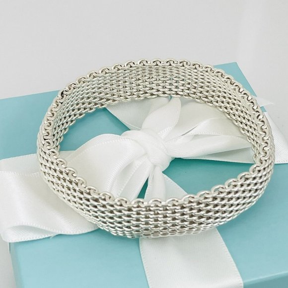 7.5" Tiffany & Co Somerset Flexible Mesh Weave Bangle Bracelet Sterling Silver - Picture 1 of 6